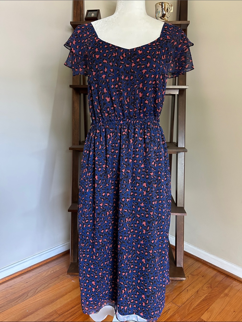 Navy Midi Dress with Coral Spot Print and Ruffle Sleeves